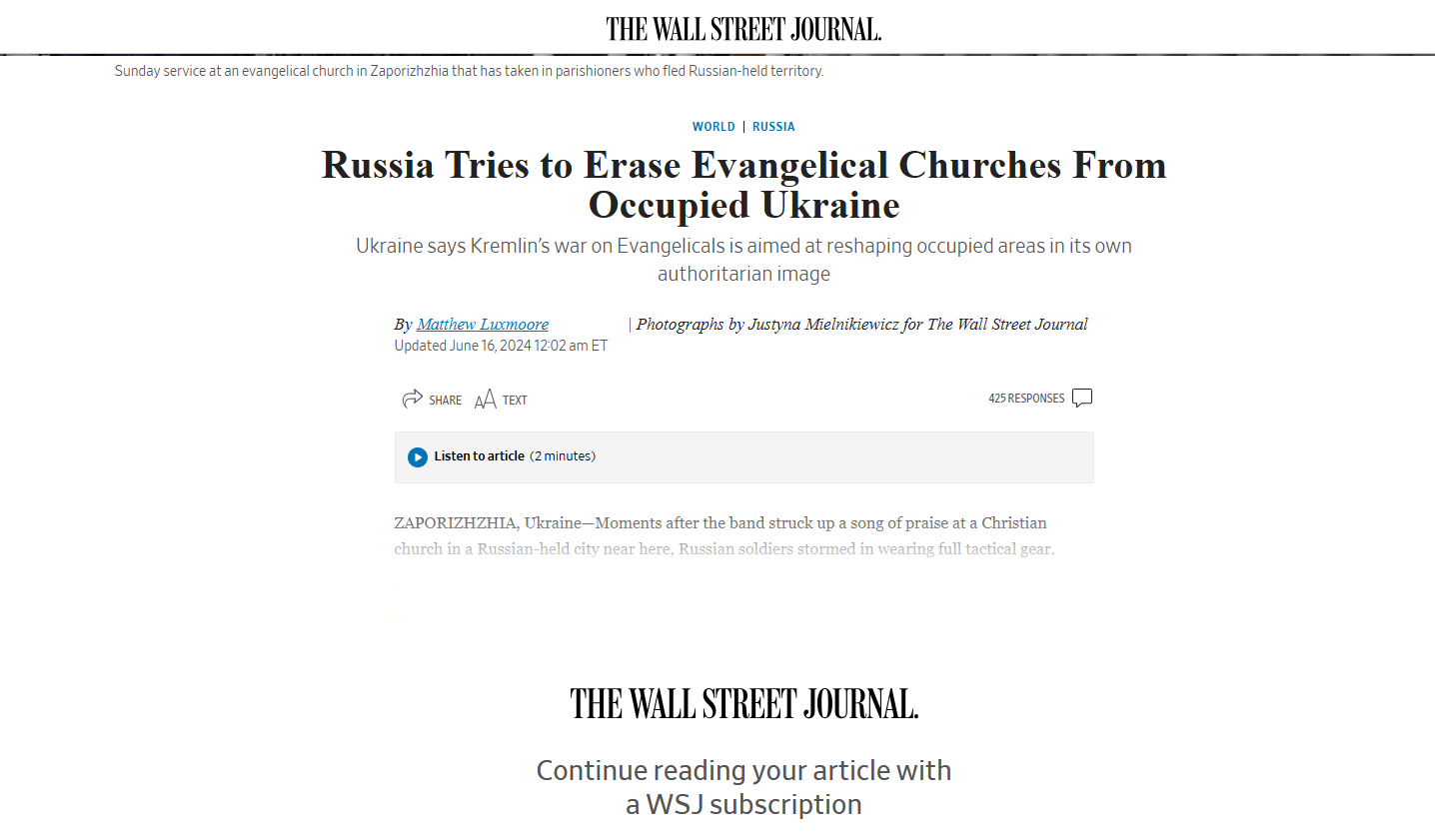 Russia Tries to Erase Evangelical Churches From Occupied Ukraine